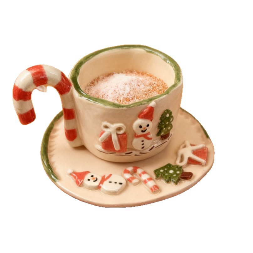 Navidad temática muñeco de nieve taza de cerámica plato conjunto muletas mango de azúcar taza de Navidad creativa taza de regalo de cerámica Qin Sheng