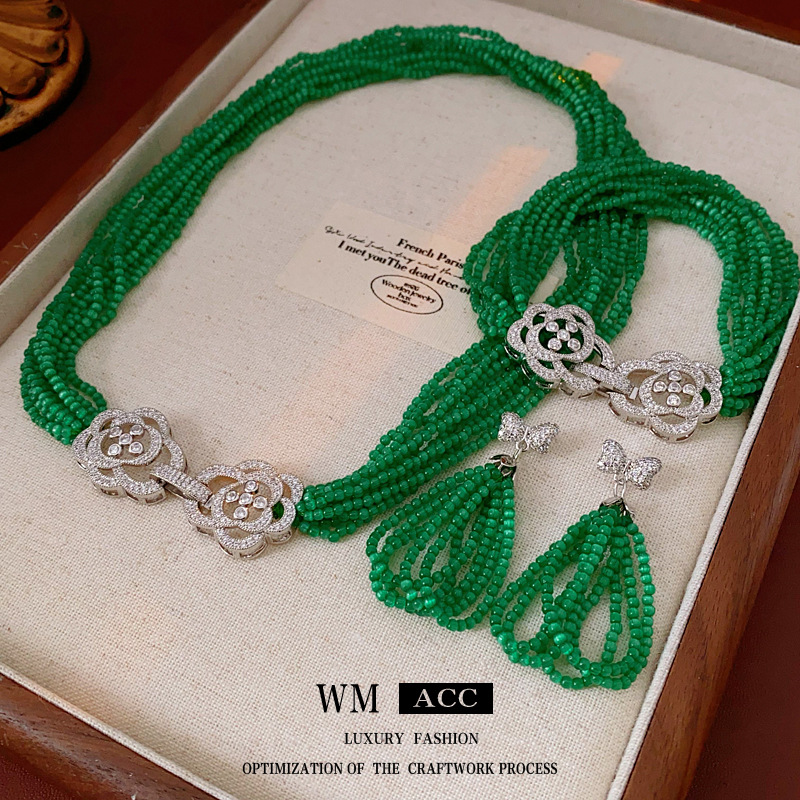 Aguja de plata flores arco pendientes collar piedra de ojo de gato artificial pulsera de hebilla multi-capas conjunto de joyas de alta calidad image 4