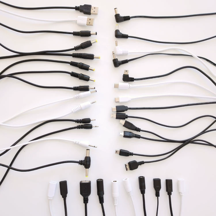 USB‑кабель, дата‑кабель. Шнур питания (DC): 5.5, 4.8, 4.0, 3.5 мм; Type‑C; micro; 2.5