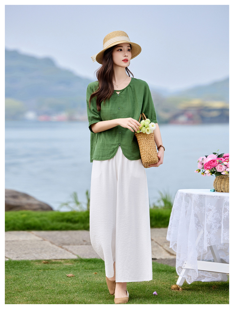 Bộ sơ mi phối quần ống đứng hai mảnh phong cách tân cổ điển MM6615 — màu sắc, xanh lá cây chi tiết 16