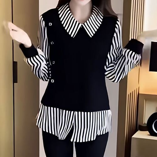 Fake two-piece foreign-style slimming new fashionable stripe splicing casual age-reducing base top long-sleeved shirt
