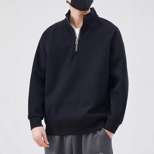Men's semi-zipper sweater men's spring and autumn 2025 new style loose fashion brand pullover stand collar solid color sweater T-shirt men