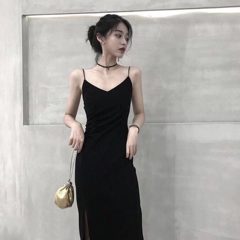 French-Style Hepburn-Inspired Sexy Black Slit Slip Dress for Women, 2026 Summer New Model, Petite Long Dress French-Style Hepburn-Inspired Sexy Black Slit Slip Dress for Women, 2026 Summer New Model, Petite Long Dress