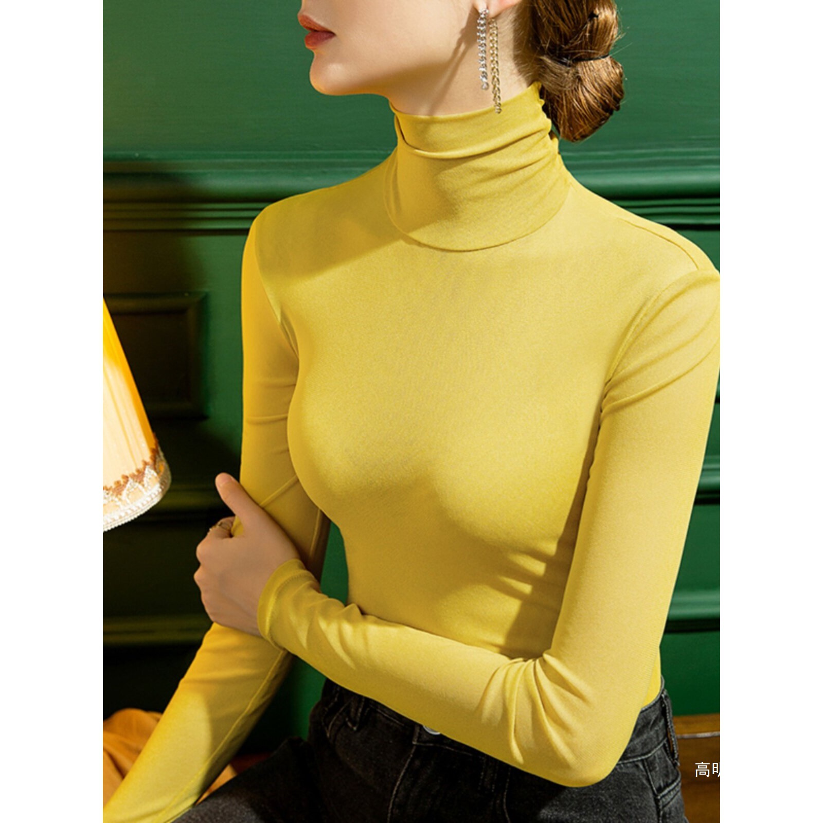 2026 Autumn High-Neck Mesh Base Layer Women's Long-Sleeved Solid Color Plus Size Women's T-Shirt Autumn and Winter Fleece-Lined Top