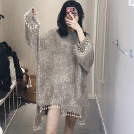 亮丝毛衣女重工钉珠春秋新款宽松洋气百搭闪光丝慵懒风针织衫女