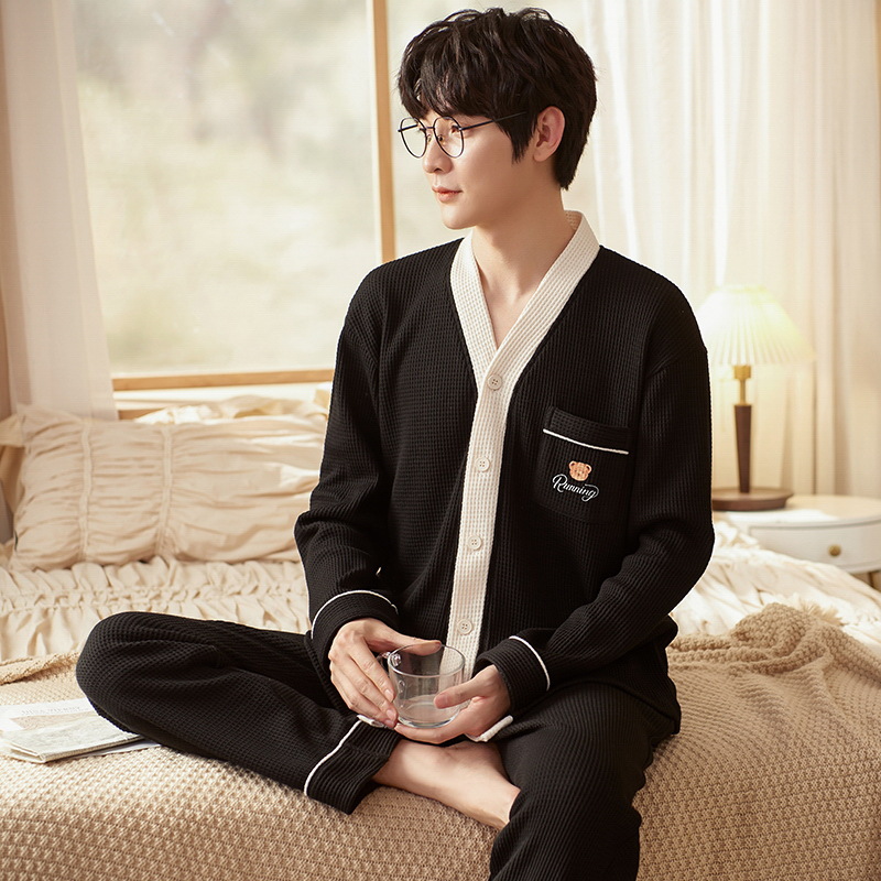 Jiao caimeng pijamas de hombre Verano de algodón primavera y otoño cardigan manga larga 2022 nuevos hombres ropa de hogar simple