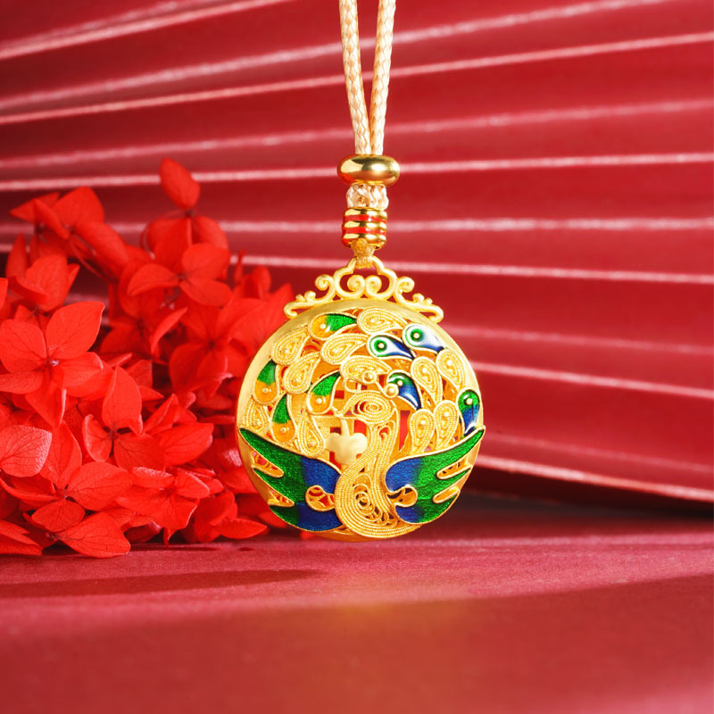 Vietnam oro retro ardiente azul goteo de aceite collar pavón peacock no se desvanecerá en forma de Fu hueco colgante de color redondo fuente