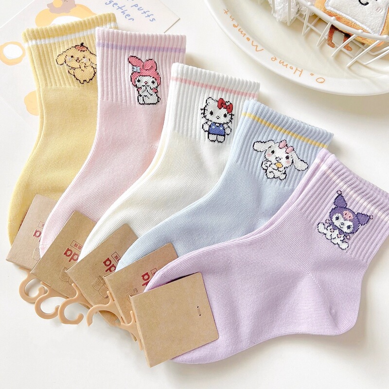 Girls Socks Autumn and Winter Pure Cotton Mid-Calf Socks Kidsren's Cute Cartoon Kuromi Melody Spring & Fall Girls Cotton Socks