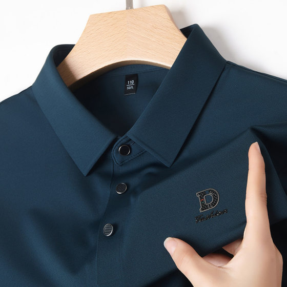 Mulberry Silk Short-sleeved T-shirt Men's Summer Traceless High-end Lapel Casual Men's Middle-aged Letter Thin T-shirt Explosions