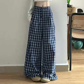 韩系复古蓝色格子阔腿裤女夏季薄款慵懒风休闲高腰宽松拖地长裤子