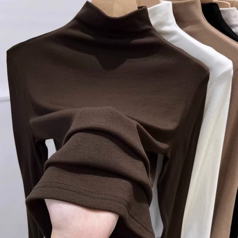 Коричневая рубашка с половиной высоким воротником для женщин, новинка 2024 года, весна и осень, облегающий универсальный топ с длинными рукавами во французском стиле с внутренней резьбой