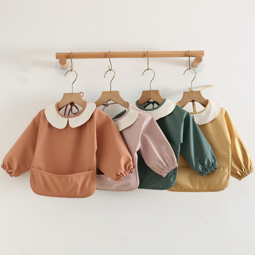 Korean baby eating smock long-sleeved pu reverse-dressing waterproof bib children's long-sleeved children's anti-dirty reverse dressing