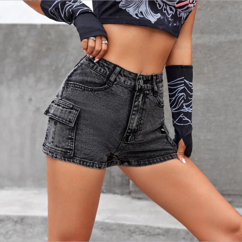 Tc70214 European and American Amazon Aliexpress Women's Pocket Cargo Style Denim Shorts Mid-Waist Sexy Slimming