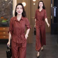 时尚套装女2025秋季新款洋气收腰显瘦减龄长袖上衣阔腿裤两件套潮