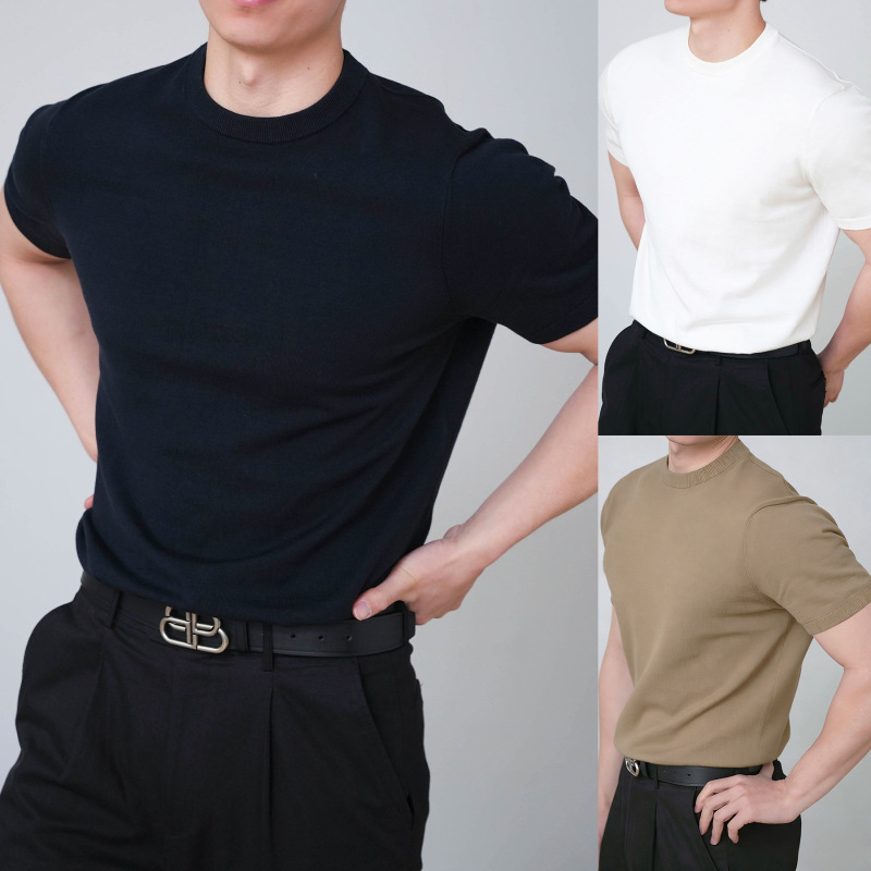Knitted Short-Sleeve T-Shirt for Men, Solid Color, Round Neck, Versatile, Old Money Style, Ice Silk, Summer, Cross-Border Factory Wholesale