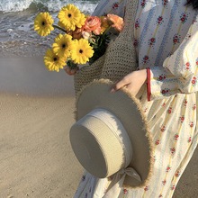 纸草平顶草帽女款夏海边度假沙滩帽防晒遮阳帽防紫外线太阳帽女款