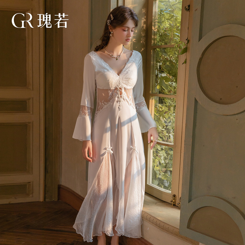 Genuine Pure Desire Double V See-Through Seductive Satin Lace Padded Long Flared Sleeve Women's Home Sleep Dress J2809