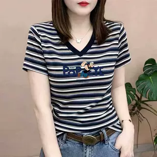 夏季2026超火条纹撞色印花V领正肩修身短袖T恤女小众