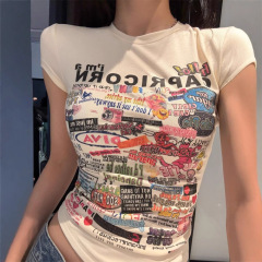 オリジナル生地丸首ショートプリントtシャツ女性春夏修身正肩アメリカレトロ痩せ半袖上着