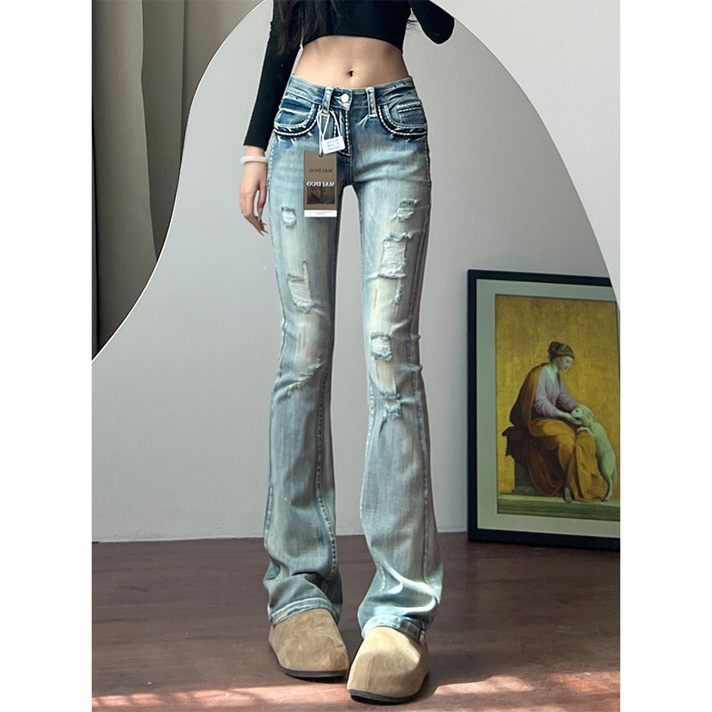 Spring and Autumn New Style Blue Tall Hot Girl American Low-Waist Stretch Micro-Flared Jeans Women's Ripped Floor-Mopping Pants Spring and Autumn New Style Blue Tall Hot Girl American Low-Waist Stretch Micro-Flared Jeans Women's Ripped Floor-Mopping Pants