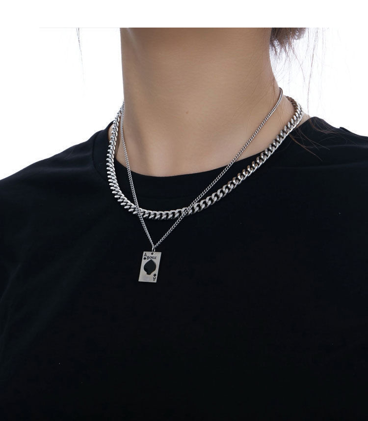 Double Layer Spades Playing Card Necklace In Titanium Steel_voghion.com