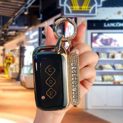 car key case new arrival: Car key bag - type-c-black-gold-diamond-ring-gold-number-plate