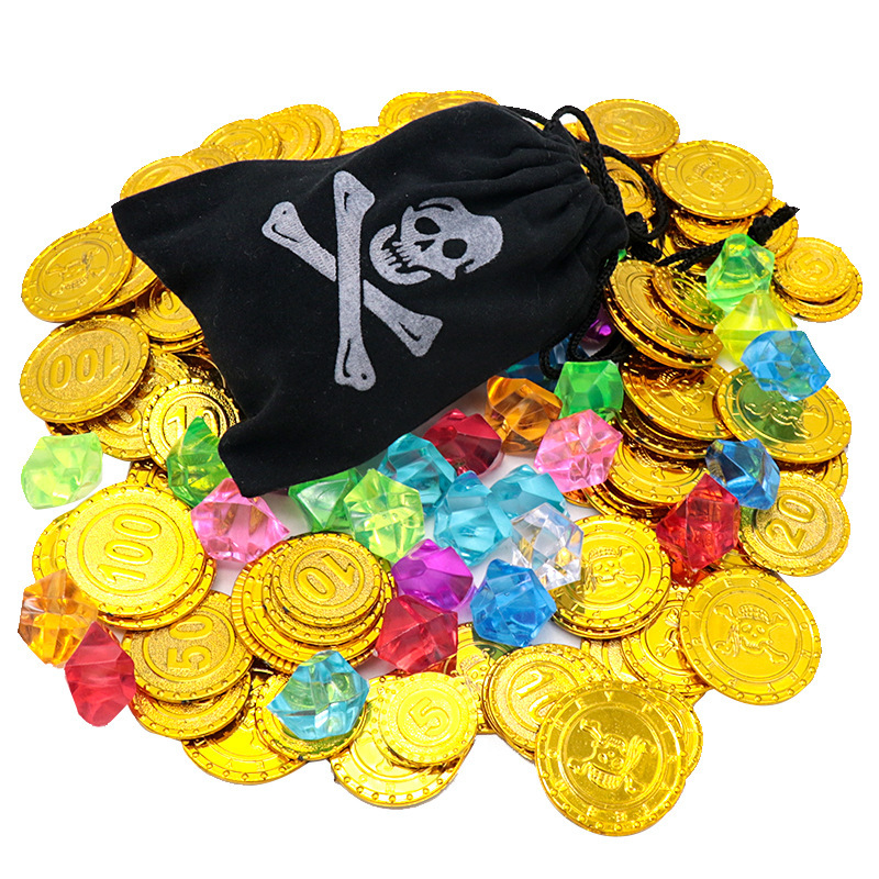 Monedas de oro piratas Halloween props fichas monedas accesorios de juegos de mesa bolsas de monedas de juguetes de plástico monedas de caza del tesoro monedas de oro
