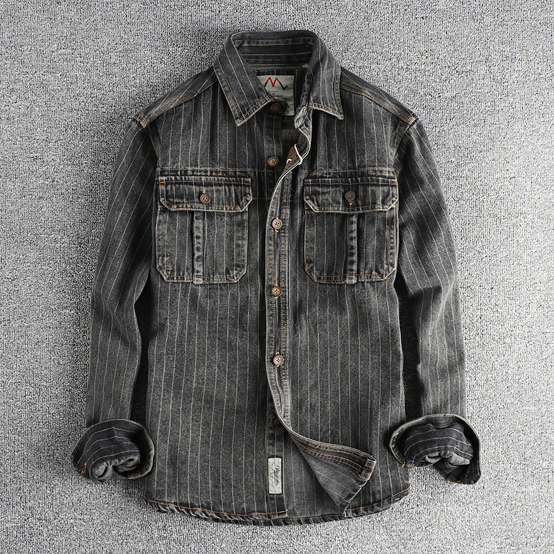British Retro Black and Gray Striped Denim Shirt for Men, Autumn New Single-Piece Workwear Pocket Shirt Jacket