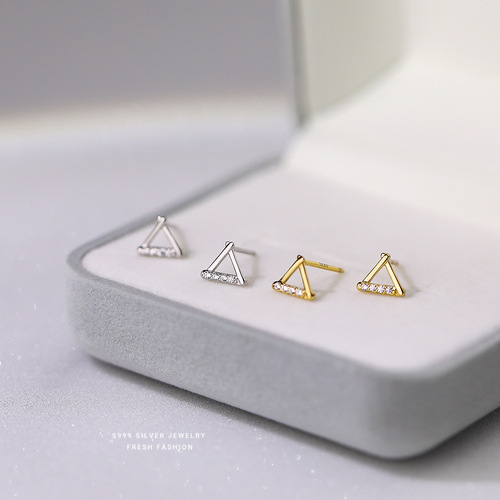 S999 Solid Silver Geometric Triangle Diamond Stud Earrings for Women - Simple, Unique Style, Minority Design Ear Rings, Drop Ship