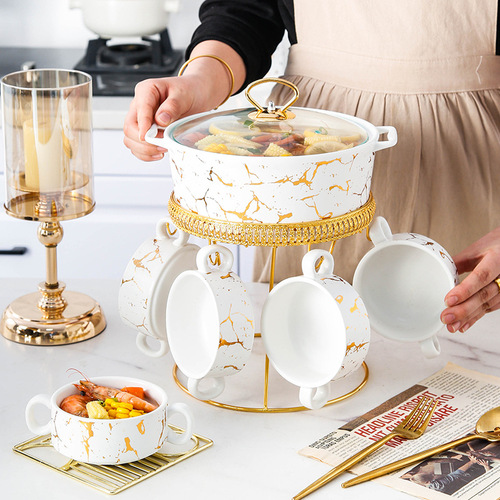 New Nordic ins household double-ear ceramic pot with small bowl creative pot holder with candle holder marble tableware