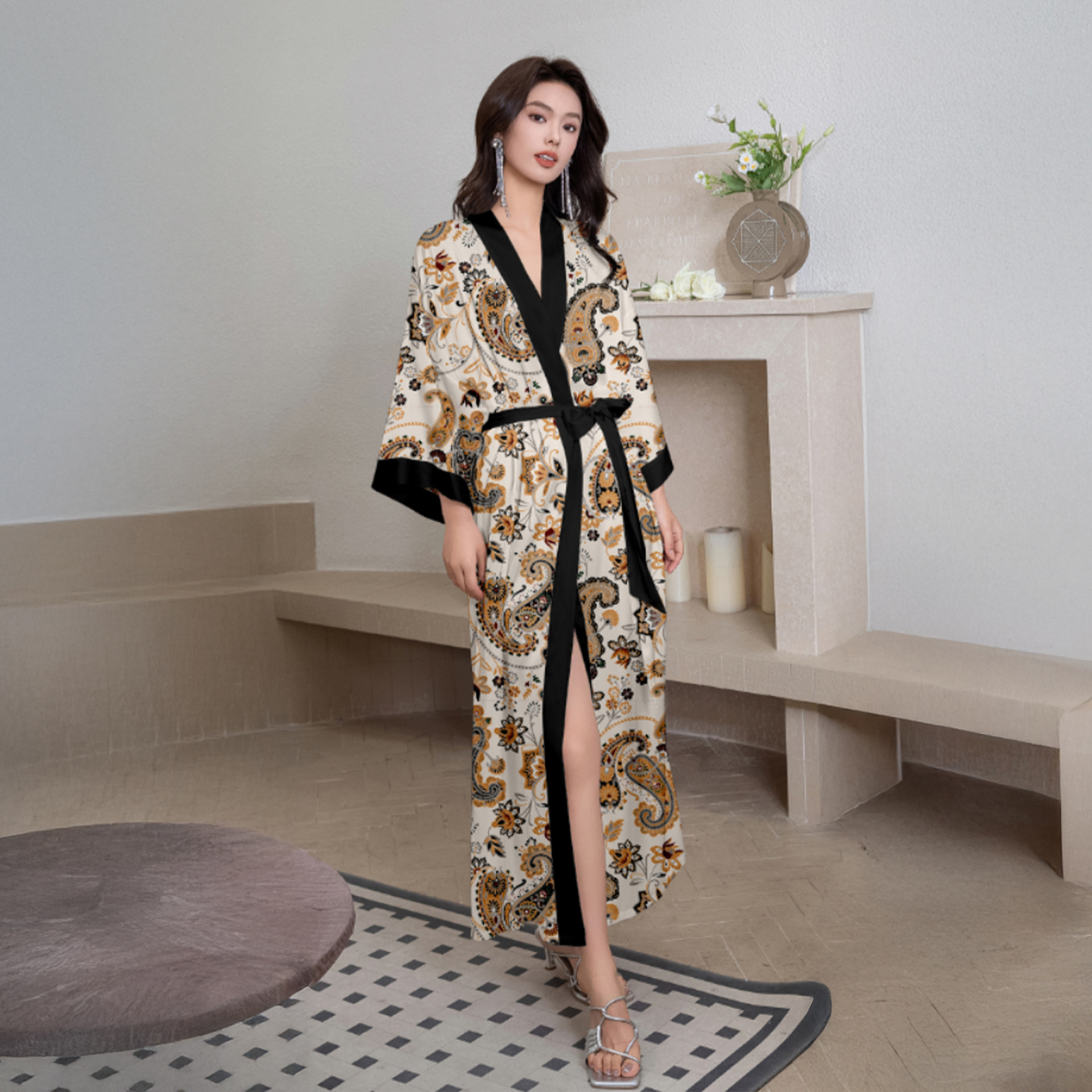 Europa y América transfronterizos pijamas damas satén chiffon imprimido al azar ropa de baño cómoda larga ropa de hogar WP3976