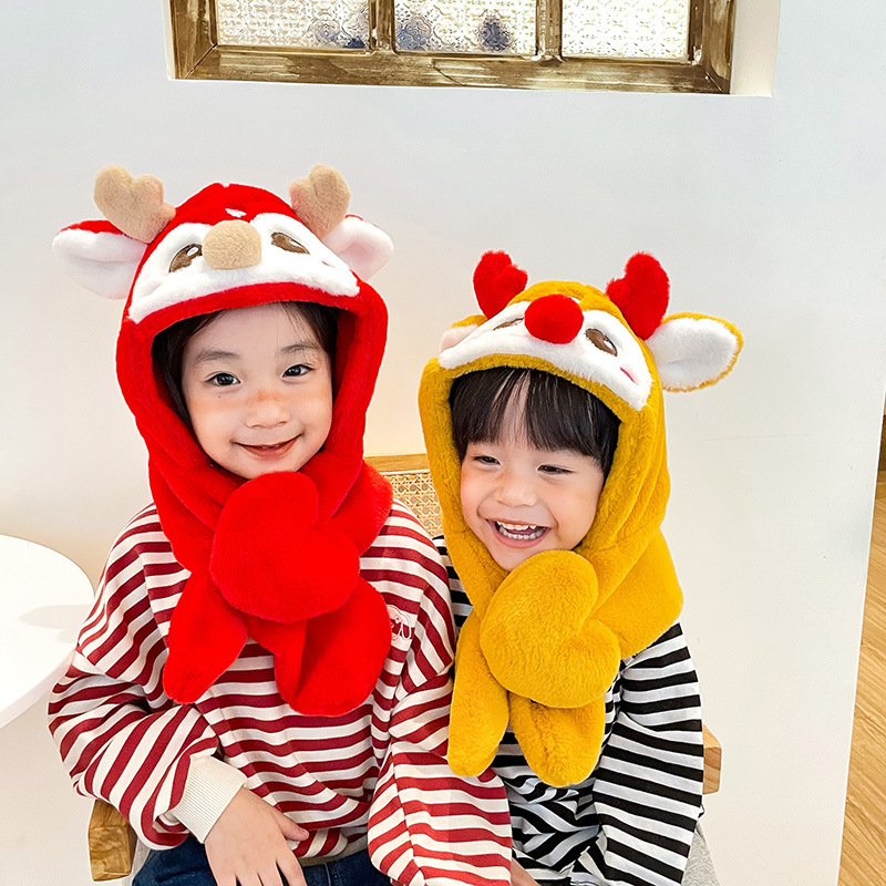 秋冬新款 圣诞麋鹿仿兔毛儿童帽子围巾两件套冬季宝宝一套搞定|ms