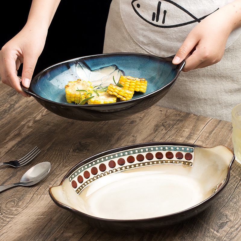 日韓窯變釉陶瓷釉下彩魚盤手繪雙耳魚盤家用長方盤壽司盤子沙拉盤