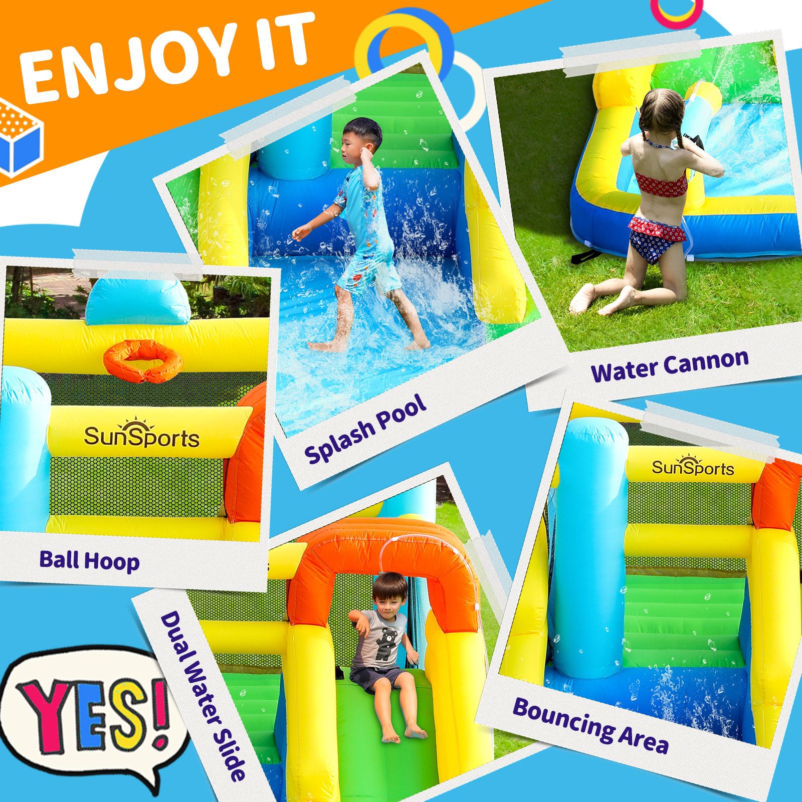 Sunsports nuevo tobogán inflable para niños al aire libre gran castillo inflable para niños rociado doble tobogán piscina