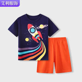 跨境休闲童装夏季男童套装针织棉创意火箭绣花两件套而童时尚套装