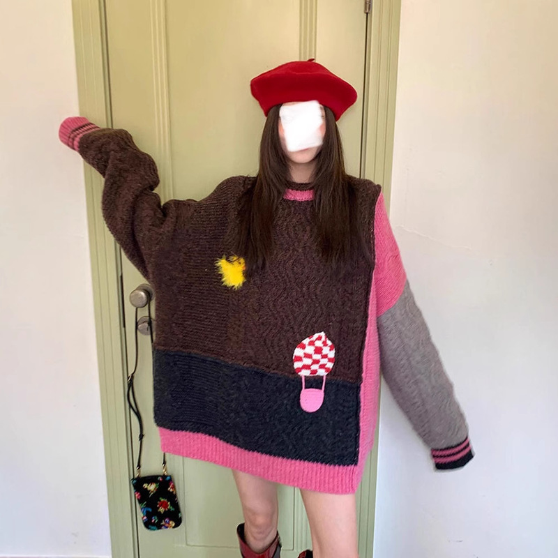 Design Sense Duck Hot Air Balloon Paradise Contrast Strand Knitted Sweater 2024 Autumn Trendy Top for Commuting