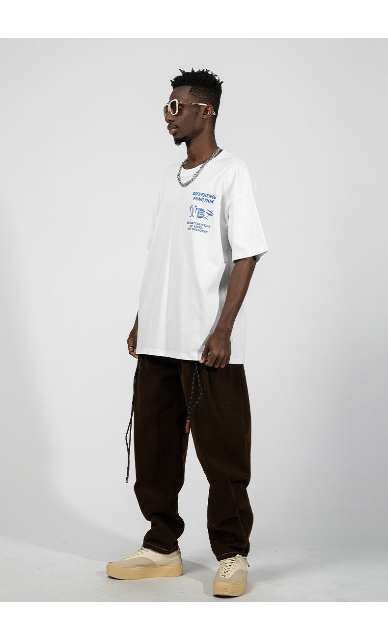 Vyriški trumpomis rankovėmis 220 g pavasario-vasaros medvilniniai laisvi marškinėliai paaugliams su kinišku abstrakčiu spaudiniu_voghion.com