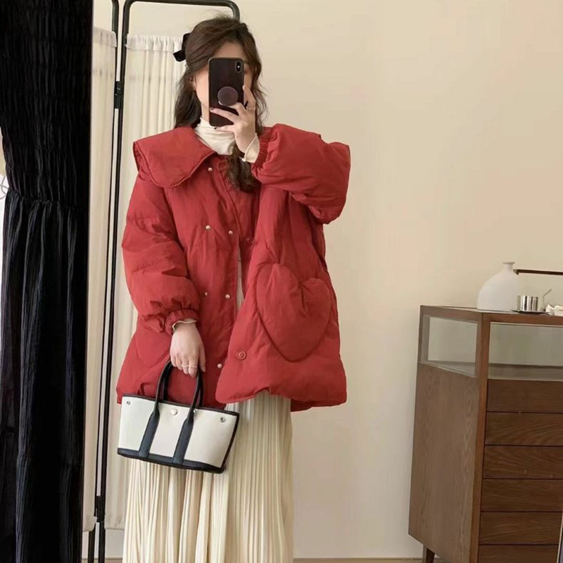 圣诞红大翻领羽绒服女2025冬季甜美爱心压胶保暖小个子白鸭绒外套|undefined