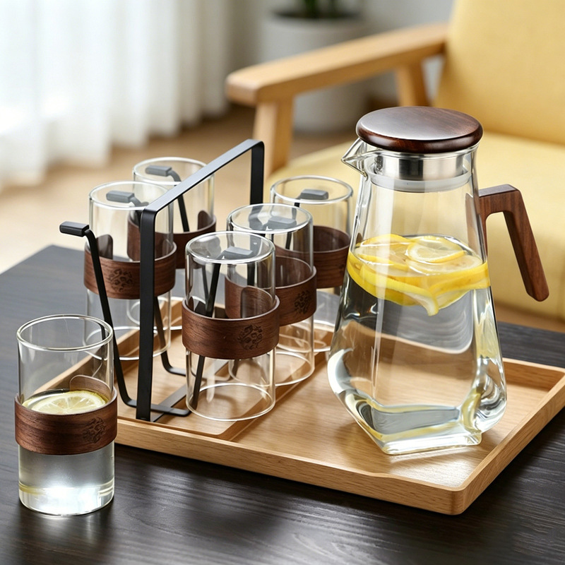 High Borosilicate Heat-Resistant Glass Cup Set, Simple Household Guest Water Cup, Insulated Coffee Cup with Wooden Stand, Straight Cup