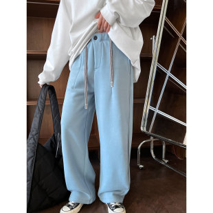 Luxi Korean style lazy high waist elastic woven rope fleece-lined pants women's autumn and winter new sports casual pants 2855