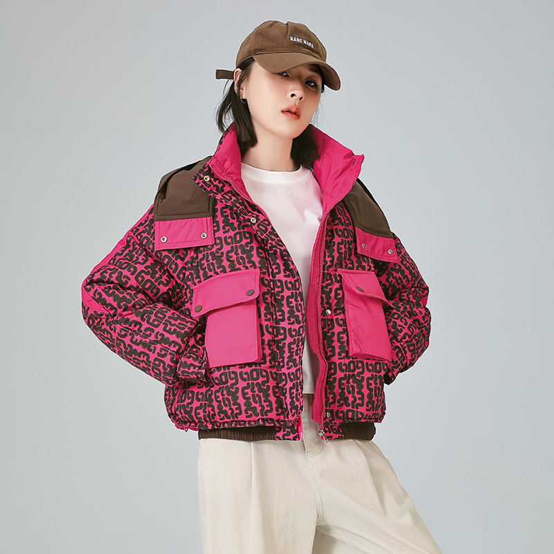 2025 Winter Short Fashion down Cotton Jacket for Women New Leopard Print Loose Hooded Warm Cotton Coat