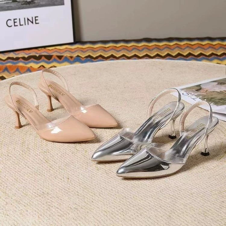 Летние новые остроконечные неглубокие сексуальные боковые высокие каблуки женские хорошие модные лакированные кожаные заостренные сандалии на каблуках для внешней торговли