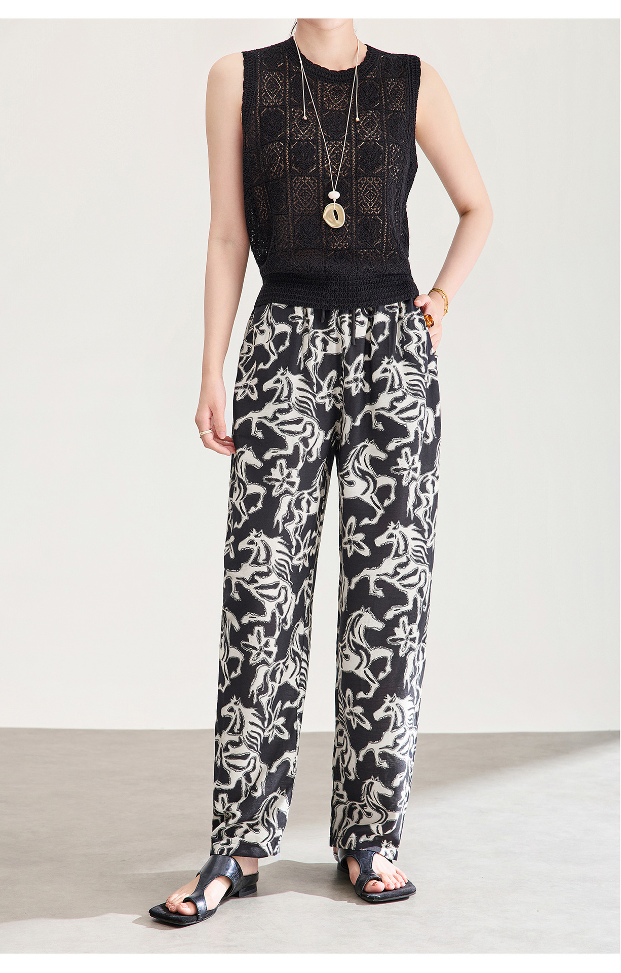 Quần culottes nữ ống rộng in họa tiết vintage, chất liệu cotton pha lanh mềm mại — màu đen chi tiết 13