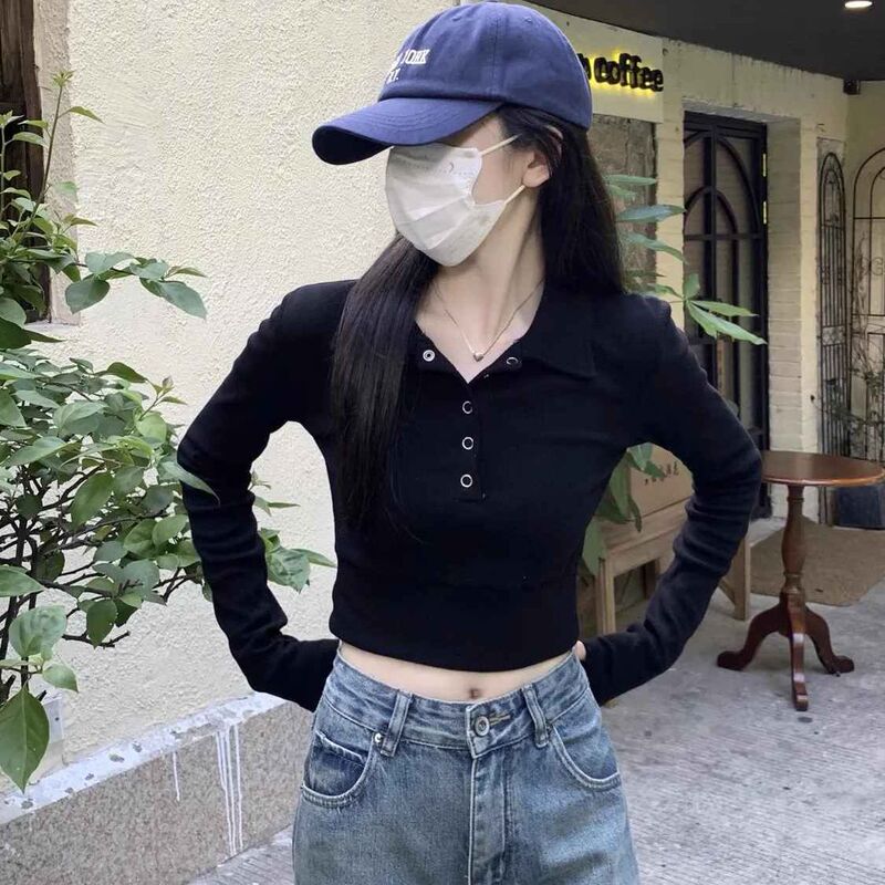 Sweet Spice Girl Polo Collar Short Long-sleeved T-shirt Women's Autumn and Winter Tight Waist Slim-fit Inner Base Shirt High Waist Navel Top Sweet Spice Girl Polo Collar Short Long-sleeved T-shirt Women's Autumn and Winter Tight Waist Slim-fit Inner Base Shirt High Waist Navel Top