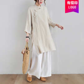 中国风禅意宽松大码禅修服茶艺师服装女套装棉麻上衣佛系衣服夏