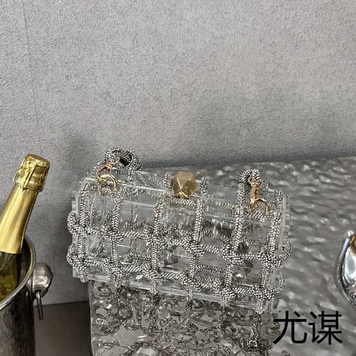 Sparkling Diamond Transparent Acrylic Box Banquet Rhinestone Hand-woven Rope Small Square Armpit Clutch
