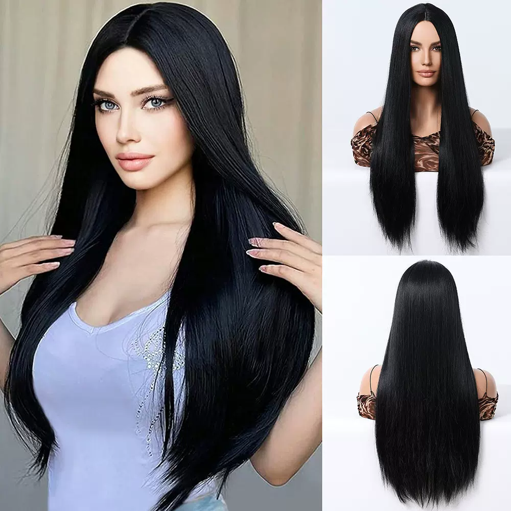 速卖通跨境货源欧美女日常黑色假发中分长直发化纤高温丝合成假发