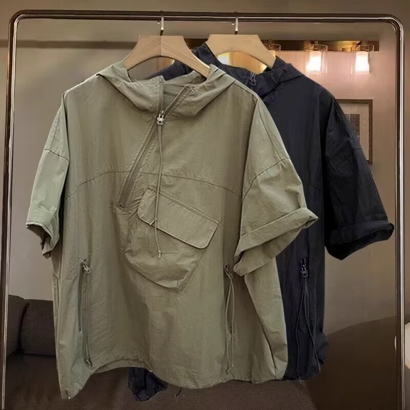 Solid Color Zipper Hooded Short-sleeved T-shirt Men's Summer Trendy Brand Fashionable Workwear Pocket Design Sense Half-sleeved T-shirt Loose