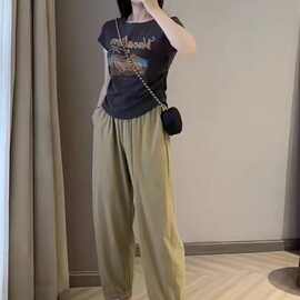 小个子穿搭一整套时尚印花修身显瘦短袖T恤高腰显瘦休闲裤两件套
