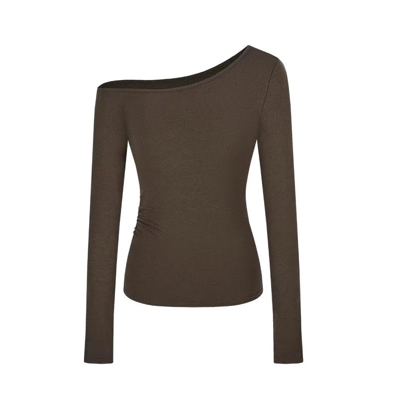 Camiseta de manga larga de hombro inclinado puro otoño y invierno nuevo diseño delgado de principios de otoño caliente sensación de moda de blusa universal